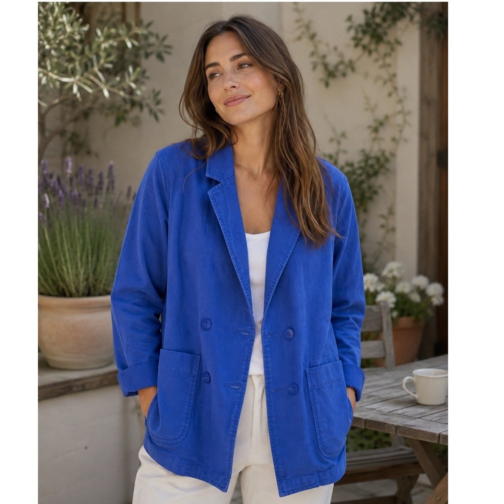 Madewell Women Blue Cotton Twill Double Breasted Chore Blazer Jacket Sml RN77388